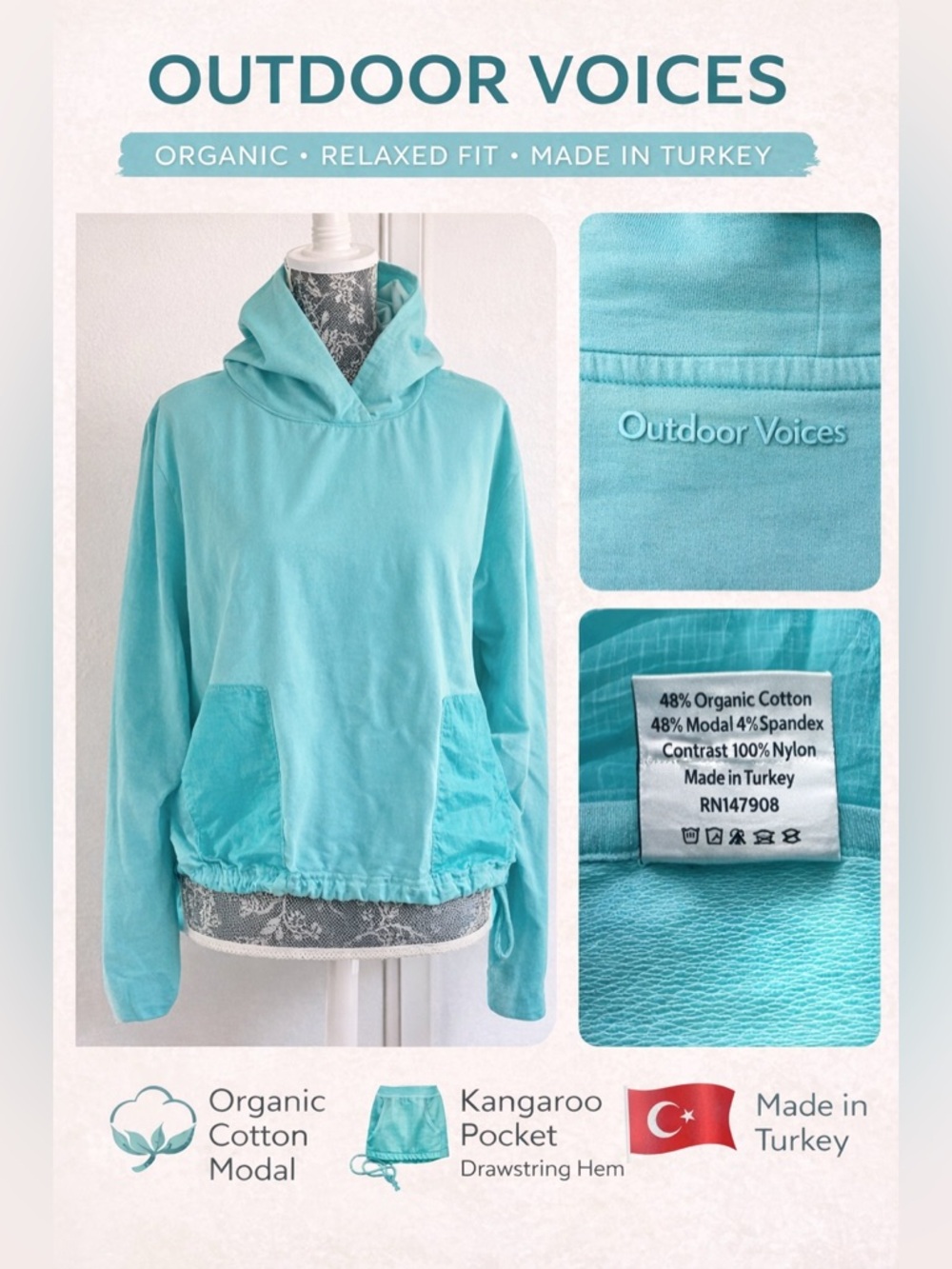 Outdoor Voices Beach Tree Cropped Hoodie with Drawstring Hem and Side Pockets M